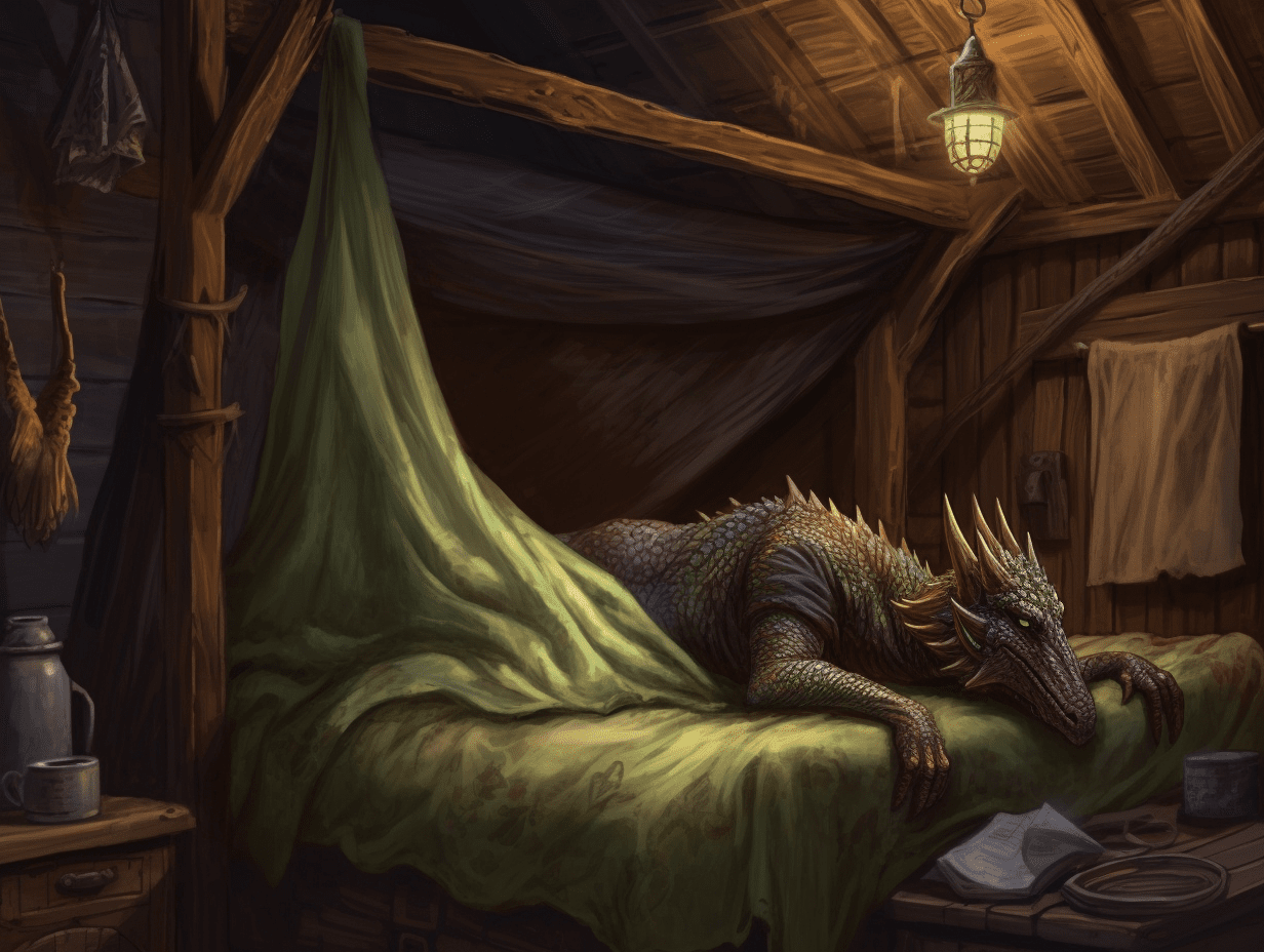 Maxish a tall dragon like warrior humanoid sick in bed in a woo 5ef0cd62 acc0 448a 81dc 307ddd859ed6