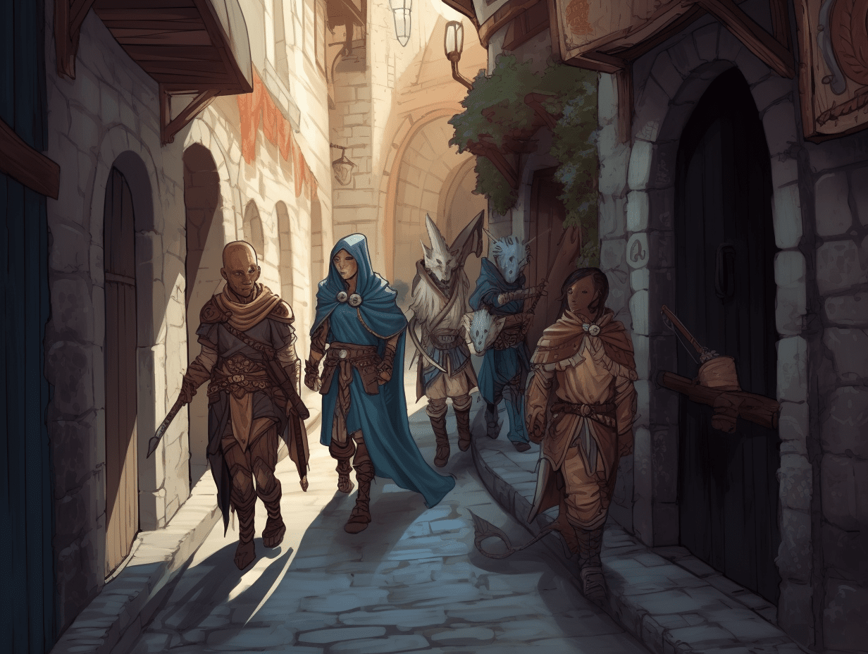 Maxish five adventurers walk in a midieval alleyway tall dragon d34442b6 4365 4a2d b4cb 466b64e5970d