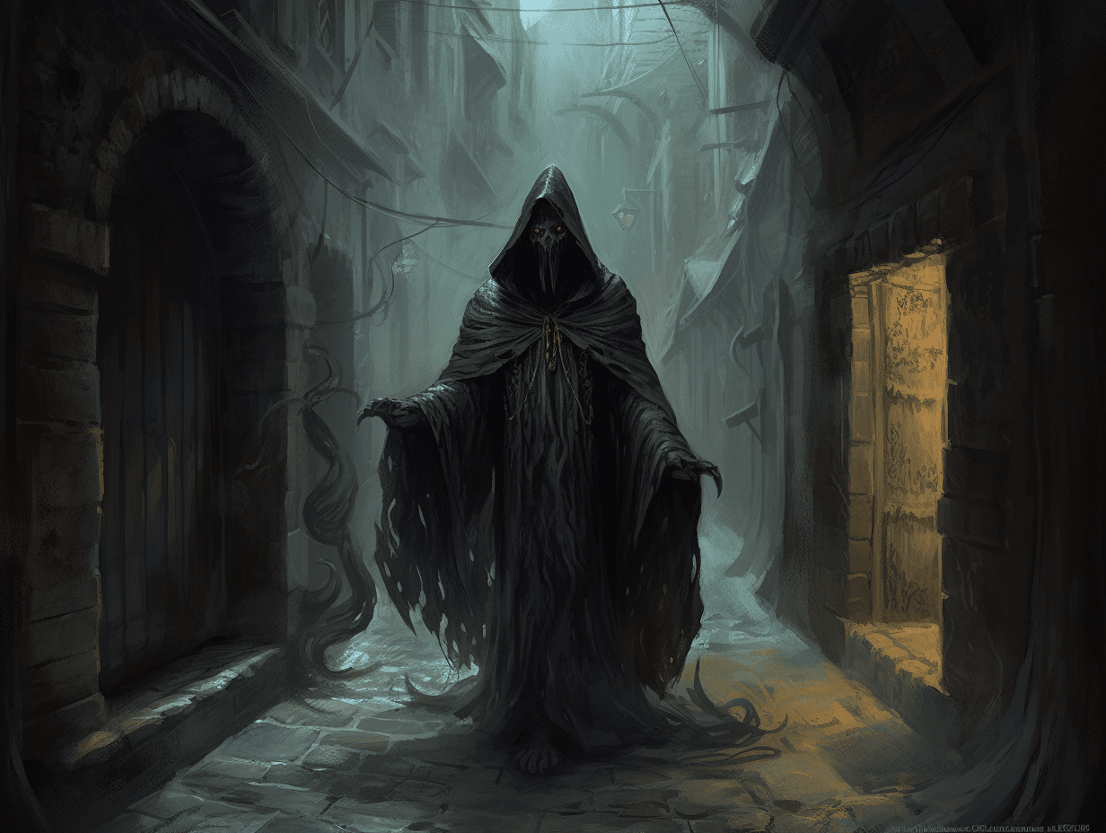 a monster in a black robe face containing unspeakable abyssal horrors in a medieval alleyway about to attack dungeons and dragons style painting