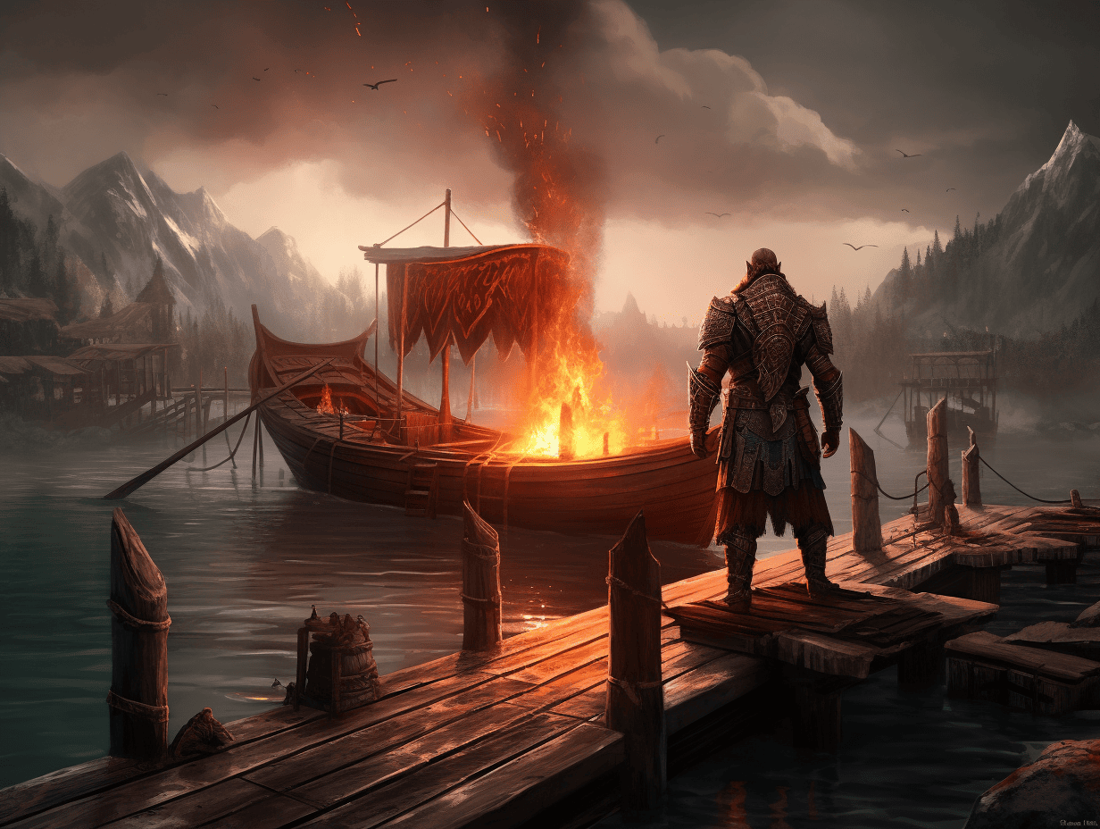 Maxish a dragonborn warrior standing on a dock. three wooden bo 184aceca d65f 4a46 8355 4b452456f56f