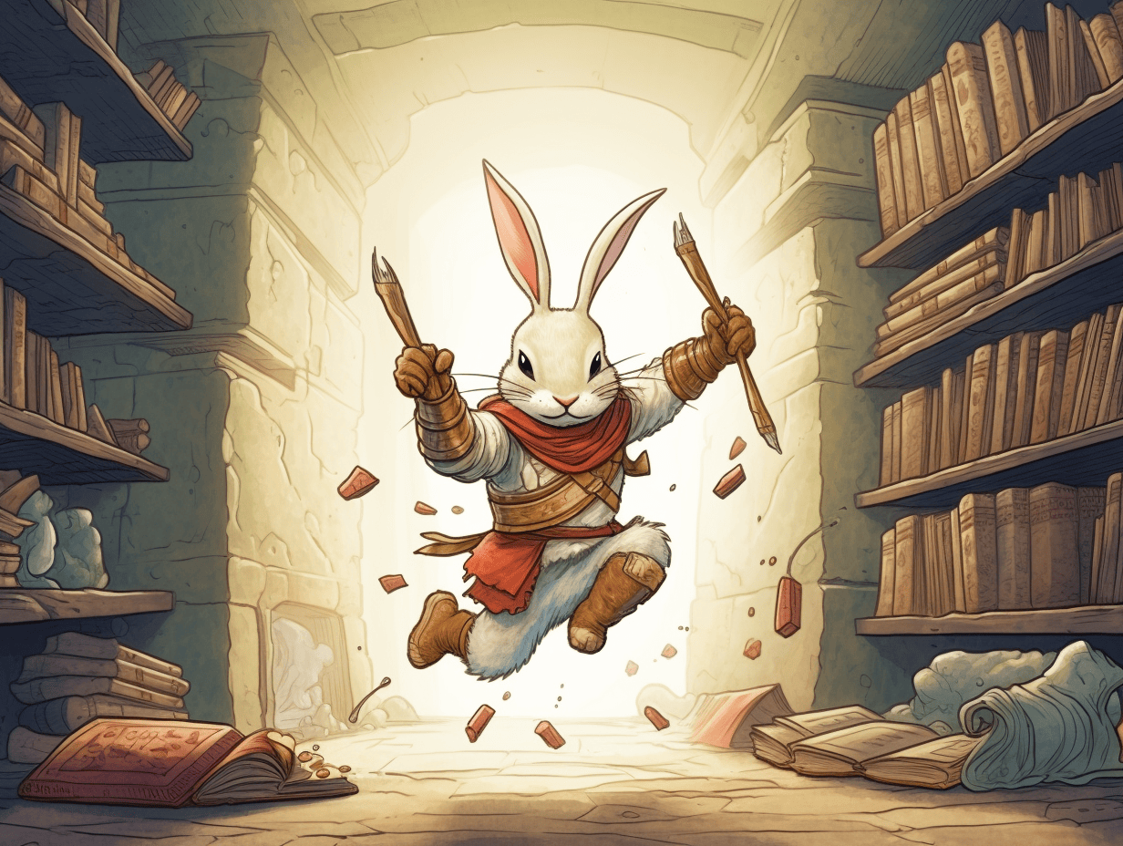 max.ish a rabbit warrior jumps away from a bookshelf flinging b 436e928c 241e 475b 984a a52efc180e50