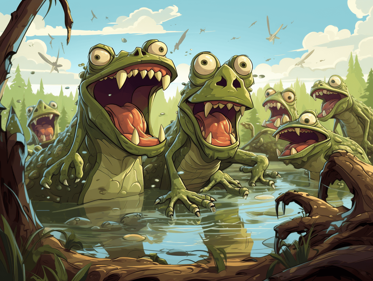 max.ish friendly giant frogs in a swamp with huge open mouths a c2cad425 df4a 4468 bca7 7eca28a764da