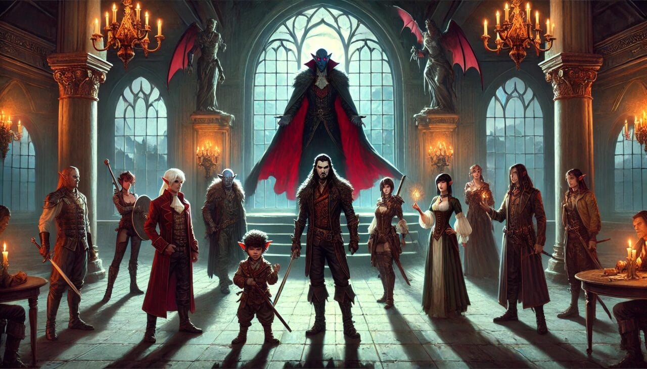 DALL·E 2024 07 09 09.32.28 In a grand hall within the manor the party confronts the vampire mayor. The mayor an imposing figure with red eyes and sharp fangs stands defiantly