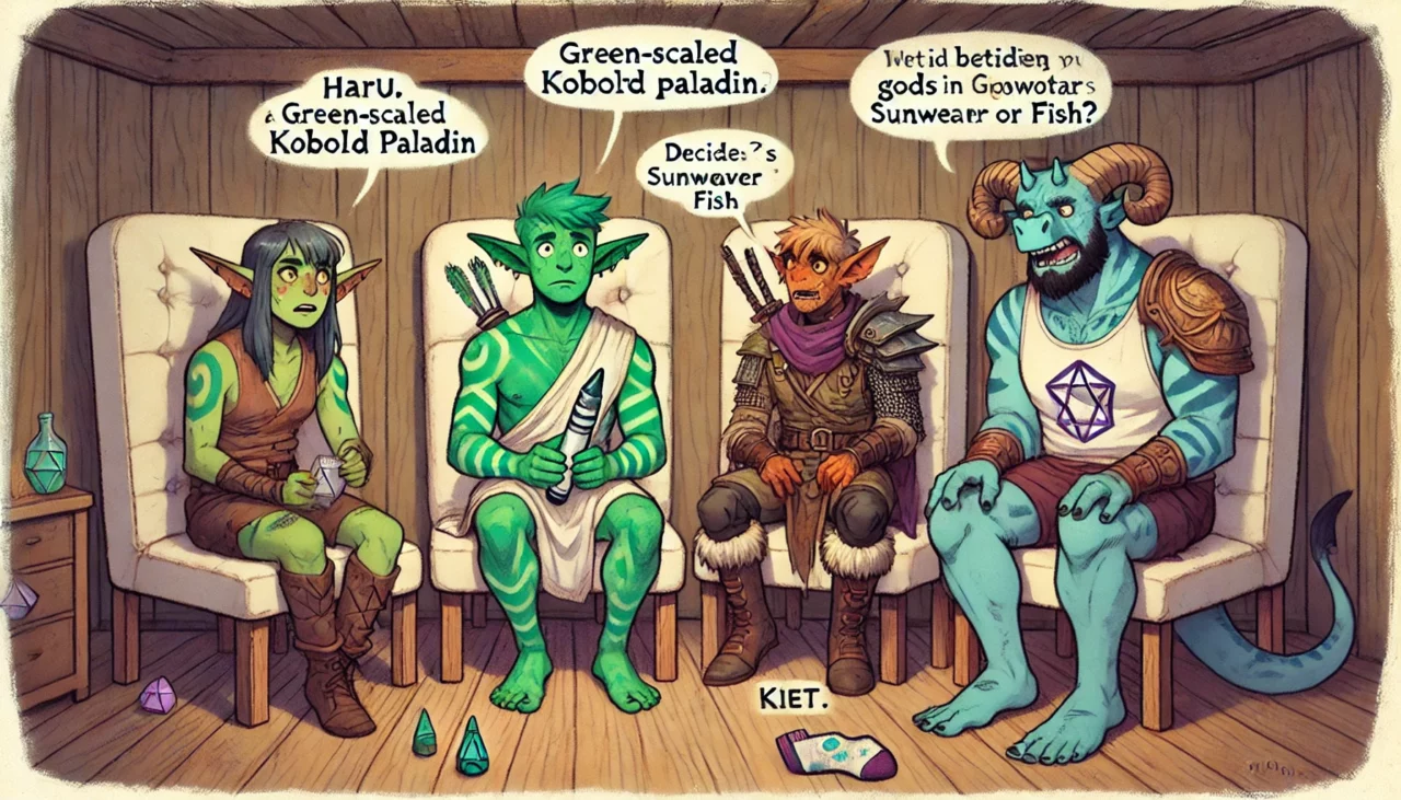 1 DALL·E 2024 09 24 17.17.32 A therapy session in a padded room where Haru a green scaled Kobold Paladin is seated in the middle. Hes holding a platinum crayon puzzled by it.