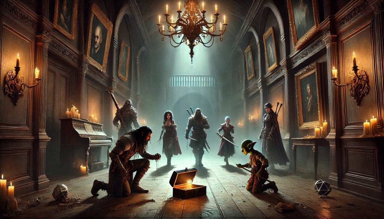 1 DALL·E 2024 09 02 15.08.13 A grand dimly lit manor with shadowy corners and dust covered furniture. The scene shows five adventurers exploring a long hallway. The adventurers i