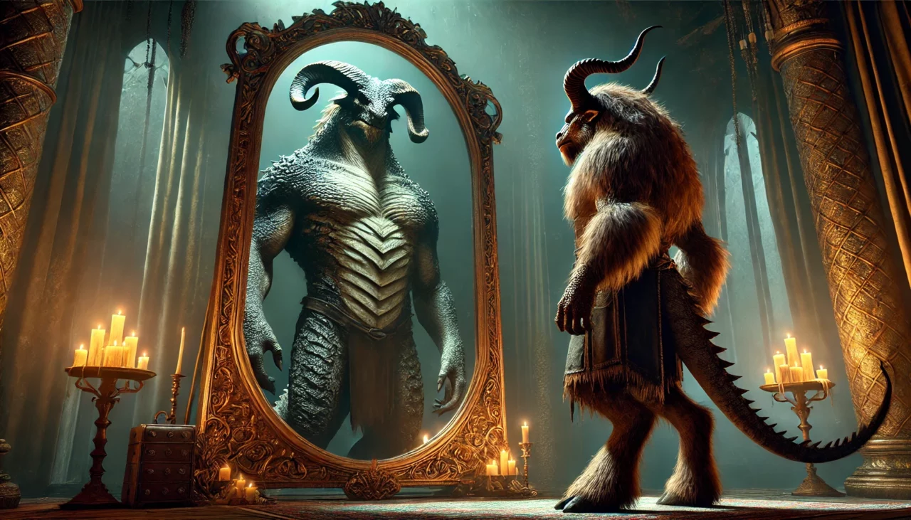 2 DALL·E 2024 09 24 17.21.07 A surreal and striking scene where Kiet a large and powerful Minotaur stands in front of a tall ornate mirror. While Kiet himself with his horns