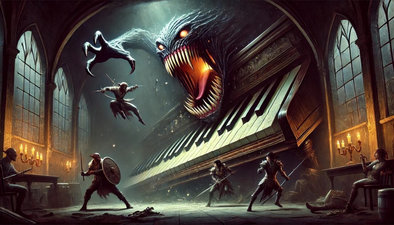 2 DALL·E 2024 08 31 09.16.07 A dark dusty room with a grand piano at its center the pianos keys revealed as razor sharp teeth and its lid snapping open like a monstrous mouth