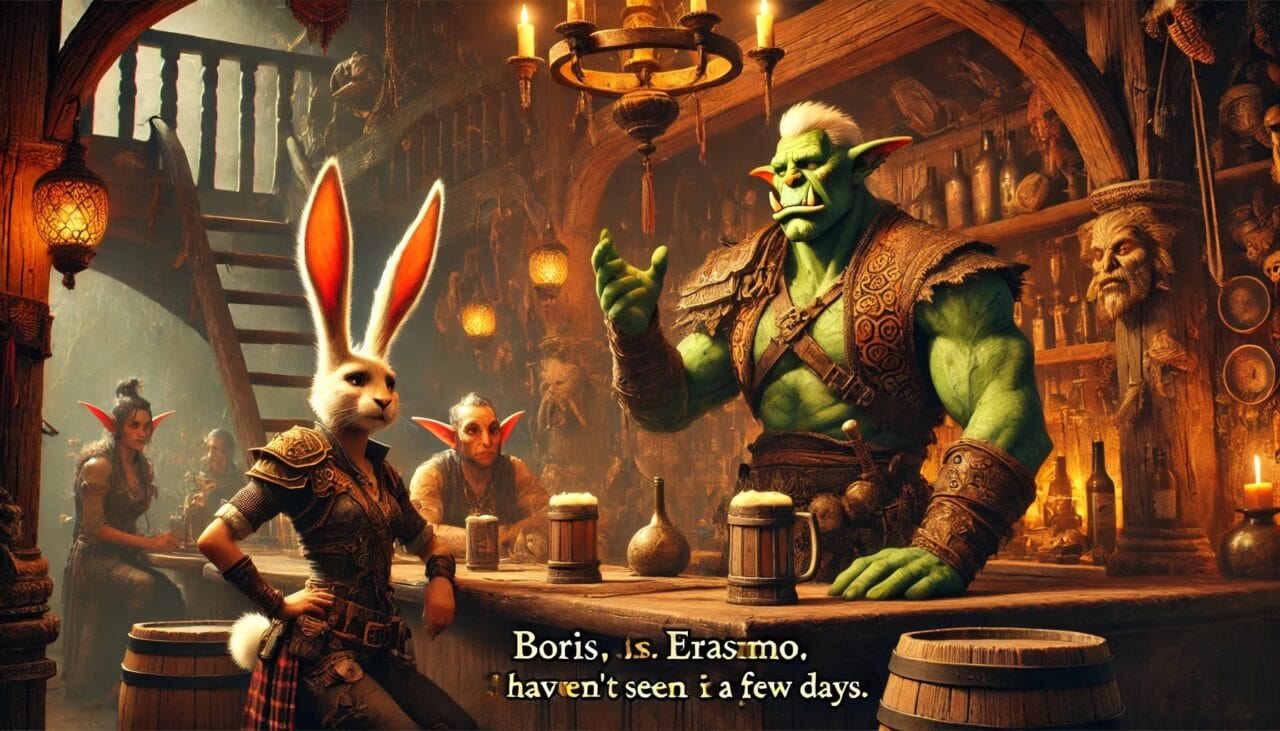 2 DALL·E 2024 09 17 15.11.53 Inside a dimly lit eccentric tavern filled with oddities and trinkets Boris a rogue Harengon bunny humanoid with a sly look talks to Khonjit a