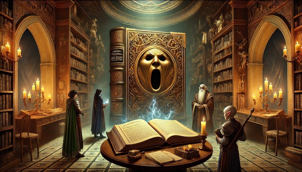 3 DALL·E 2024 08 31 13.26.54 Inside a lavishly decorated study with bookshelves lining the walls Boris a rogue Harengon is holding a thick ancient book with a screaming face e