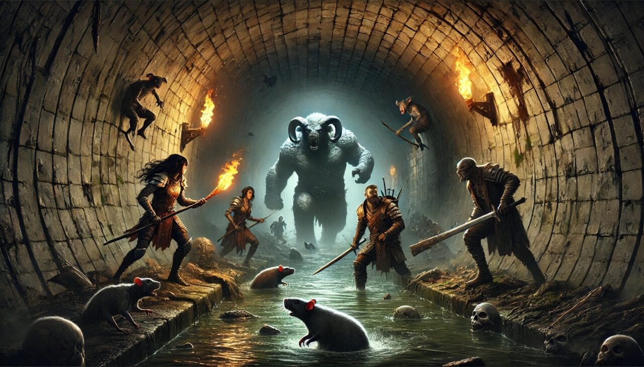 3 DALL·E 2024 09 17 15.15.39 In a dark eerie sewer tunnel the adventuring party consisting of normal sized party members fights a group of zombies and large rats. Haru a paladi