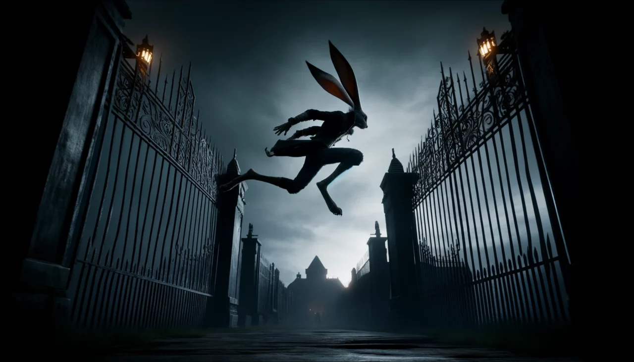 4 DALL·E 2024 09 24 17.17.38 A dynamic scene showing Boris a Harengon Rogue leaping over tall iron gates as he escapes from a guarded compound. His long ears trail behind him a