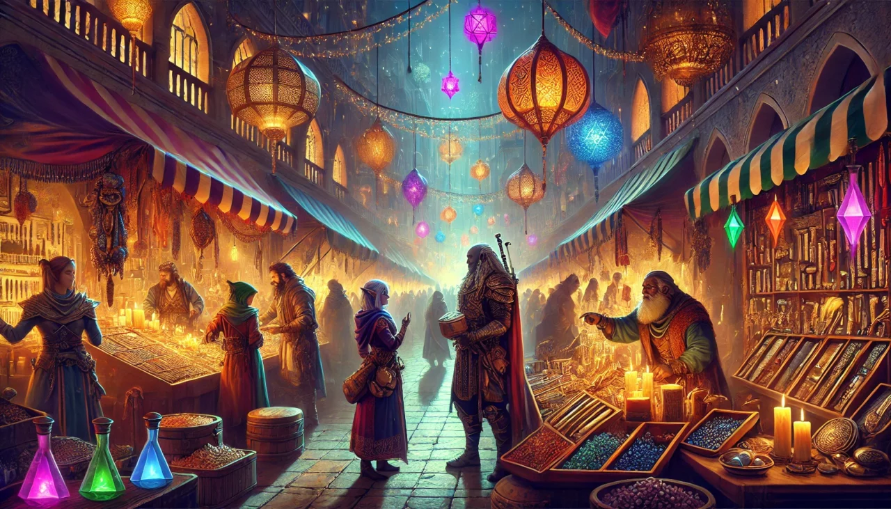 DALL·E 2024 09 09 21.16.30 A vibrant and bustling market scene in the Radiant Citadel filled with colorful stalls selling rare and magical items. Haru the paladin kobold and