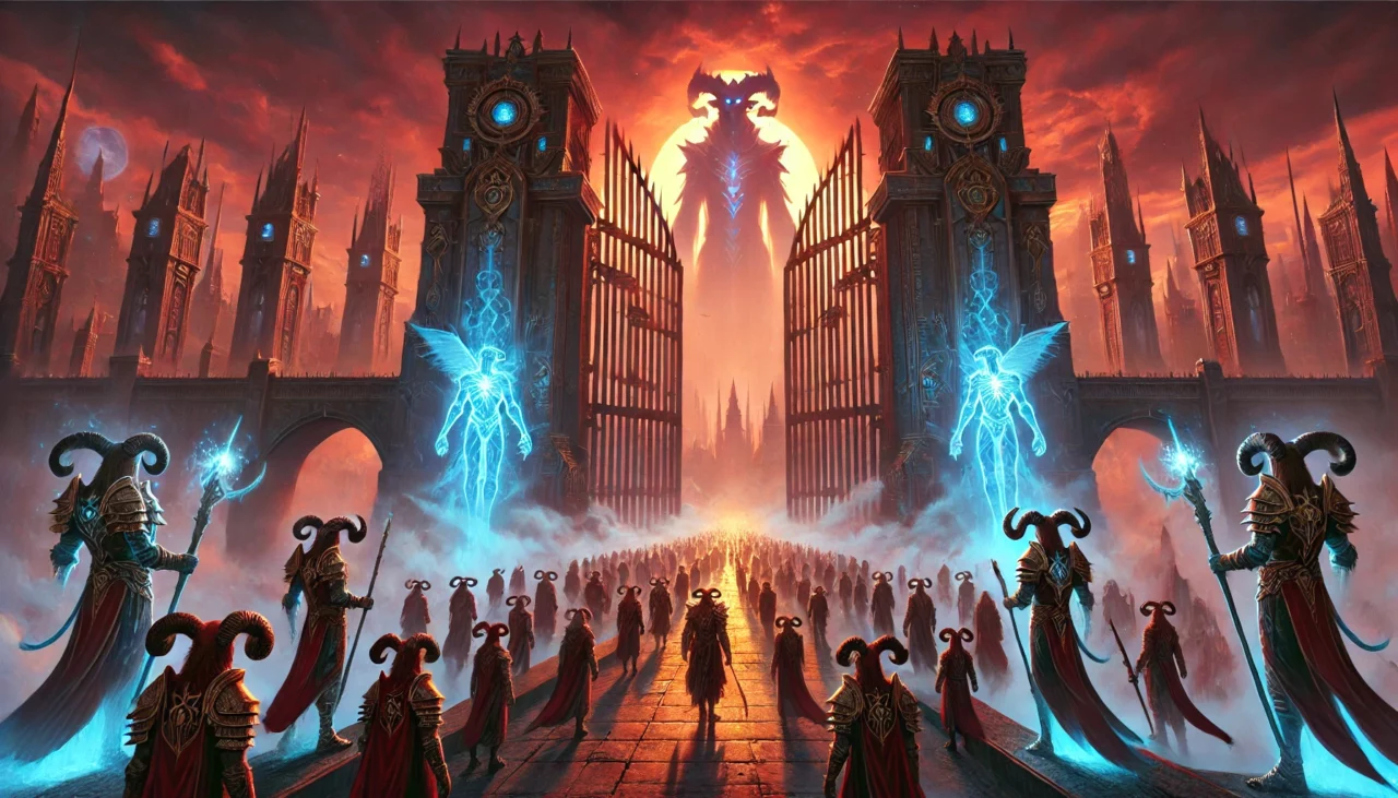 DALL·E 2024 09 09 21.16.25 A mystical cityscape under a blood orange sky with towering gates shutting out tiefling refugees. Tieflings with horns and tails are gathered at the