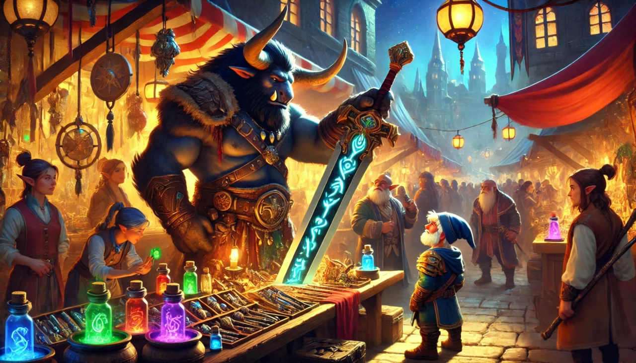 DALL·E 2024 09 09 21.16.40 A realistic market scene in the Radiant Citadel filled with colorful stalls and adventurers browsing magical items. Kiet the imposing minotaur warri