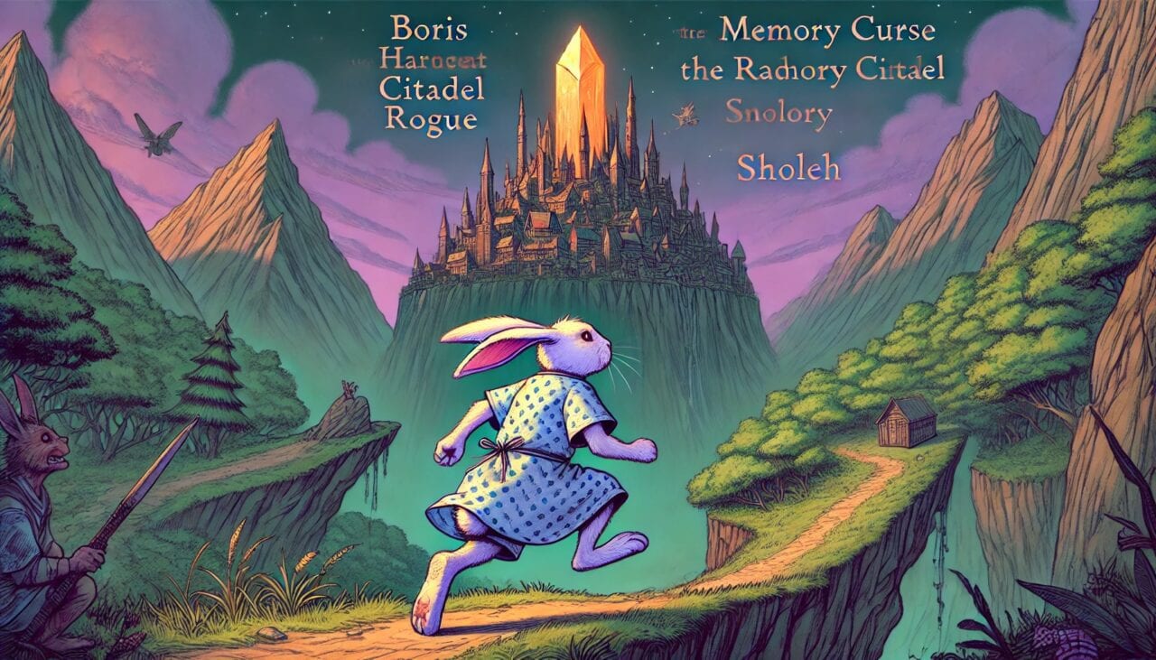 1 DALL·E 2024 10 02 12.30.26 Boris a bunny humanoid Harengon Rogue is hopping up a steep mountain toward the Radiant Citadel a medieval city built around a giant crystal. Bor