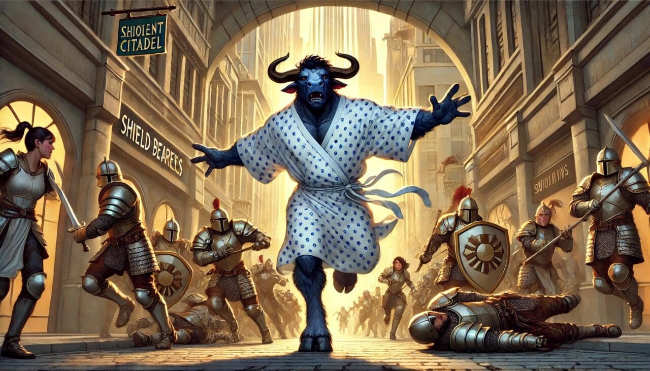 2 DALL·E 2024 10 02 12.30.54 Kiet a Minotaur Warrior charges through a bustling city street while wearing a hospital gown. He is heading toward a tiefling support group but is i