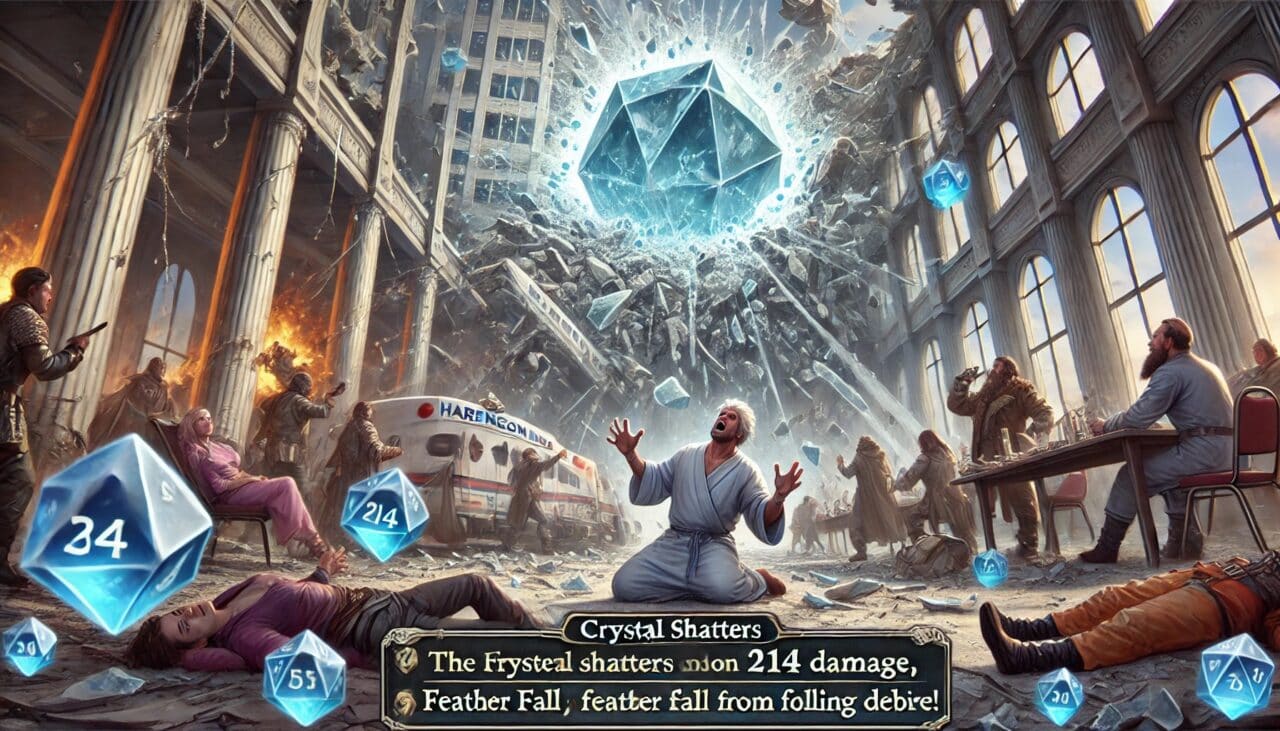 4 DALL·E 2024 10 02 13.02.22 An epic scene where the crystal shatters after a massive explosion dealing 214 damage with 60 dice rolled The building begins to crack and collapse