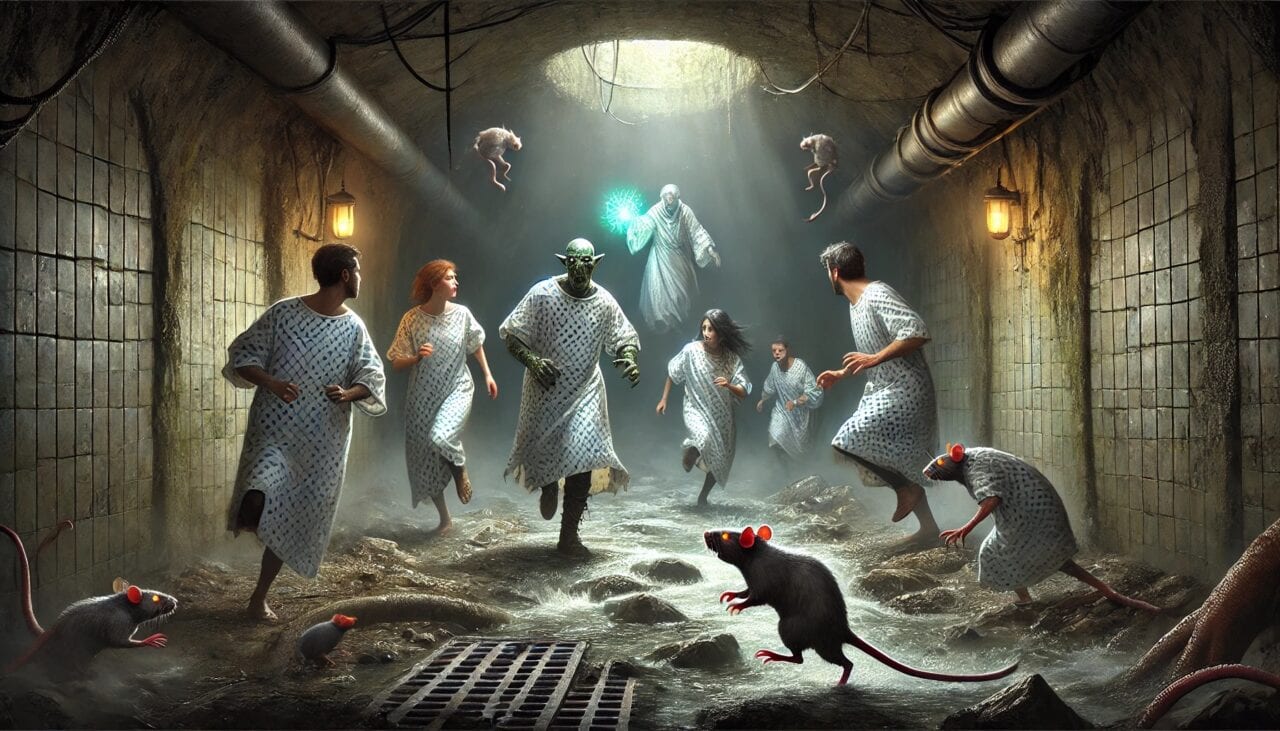 4 DALL·E 2024 10 02 12.46.37 An eerie scene in the sewers where the adventuring party all wearing hospital gowns is running from danger. Edid the Wood Elf Warlock leads the gr