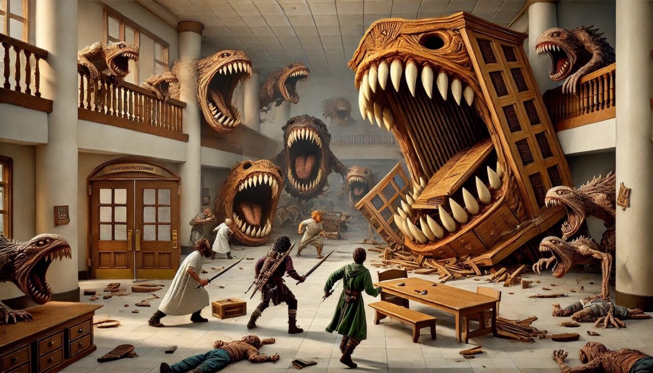 6 DALL·E 2024 10 02 13.31.52 A chaotic scene in a hospital lobby where benches and wooden doors which are actually mimics attack the adventuring party. The benches have come to