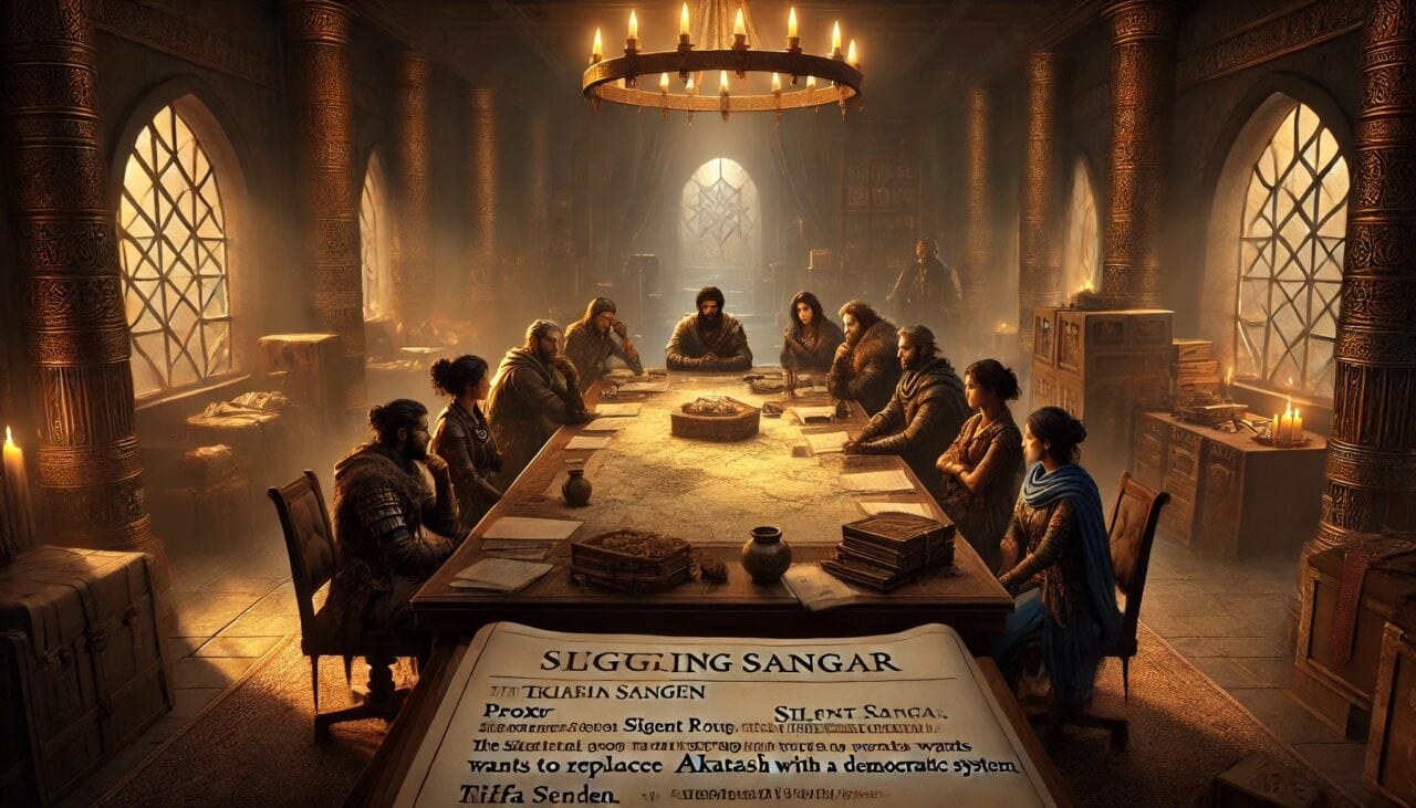 DALL·E 2024 10 28 13.57.18 A strategic meeting scene where the adventuring party discusses their smuggling options to reach Akharin Sangar. The room is dimly lit with maps and