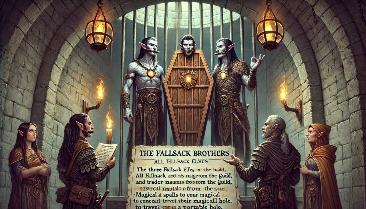 DALL·E 2024 10 28 13.57.19 A scene inside a prison cell where the three Fallsack brothers all Drow elves are held. The brothers Hilnit Thilnit and Szordrin have metal clam