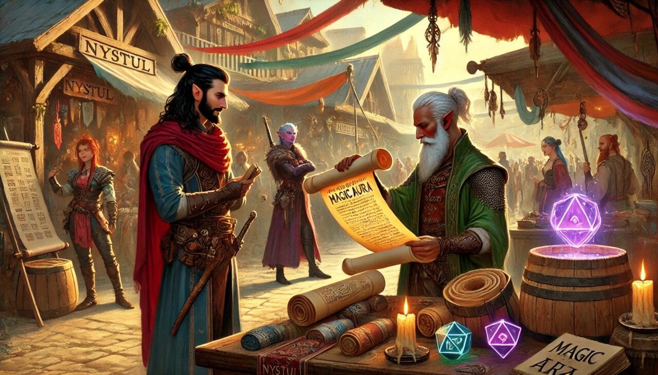 DALL·E 2024 10 28 13.57.24 A lively marketplace scene where Boris the Harengon Rogue and Sazed the Drow Elf Cleric are purchasing scrolls of Nystuls Magic Aura. The marketp