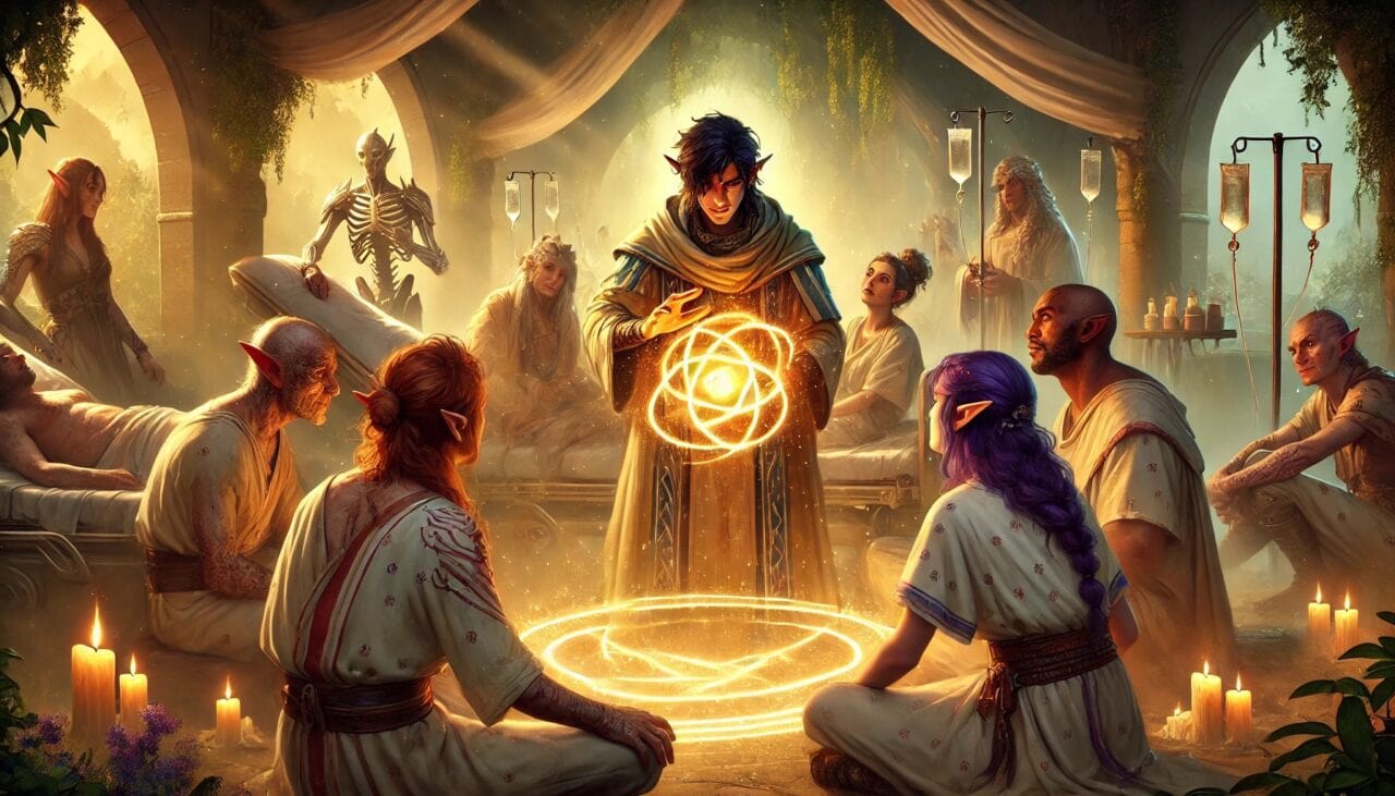 DALL·E 2024 10 16 15.39.03 A magical scene where Sazed the Drow Elf Cleric is healing everyone around him. Sazed is channeling his divine magic with a warm glow surrounding h