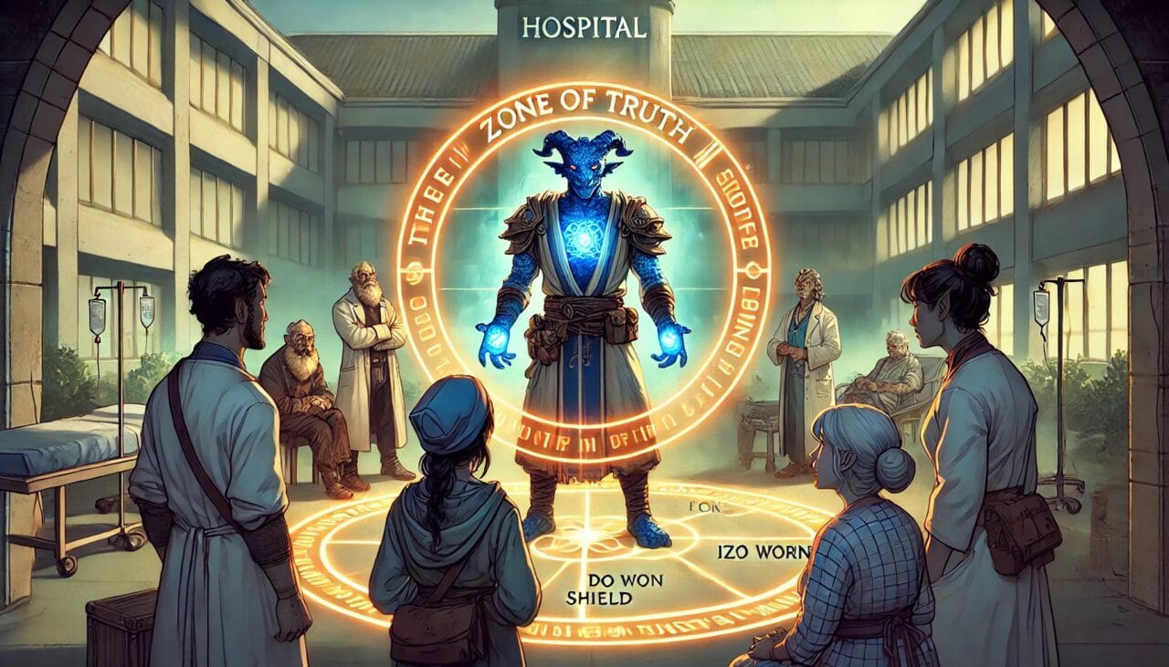 DALL·E 2024 10 16 15.39.05 A scene in a hospital courtyard where Haru the bluish scaled Kobold Paladin is using the zone of truth to question several individuals. The atmosphe