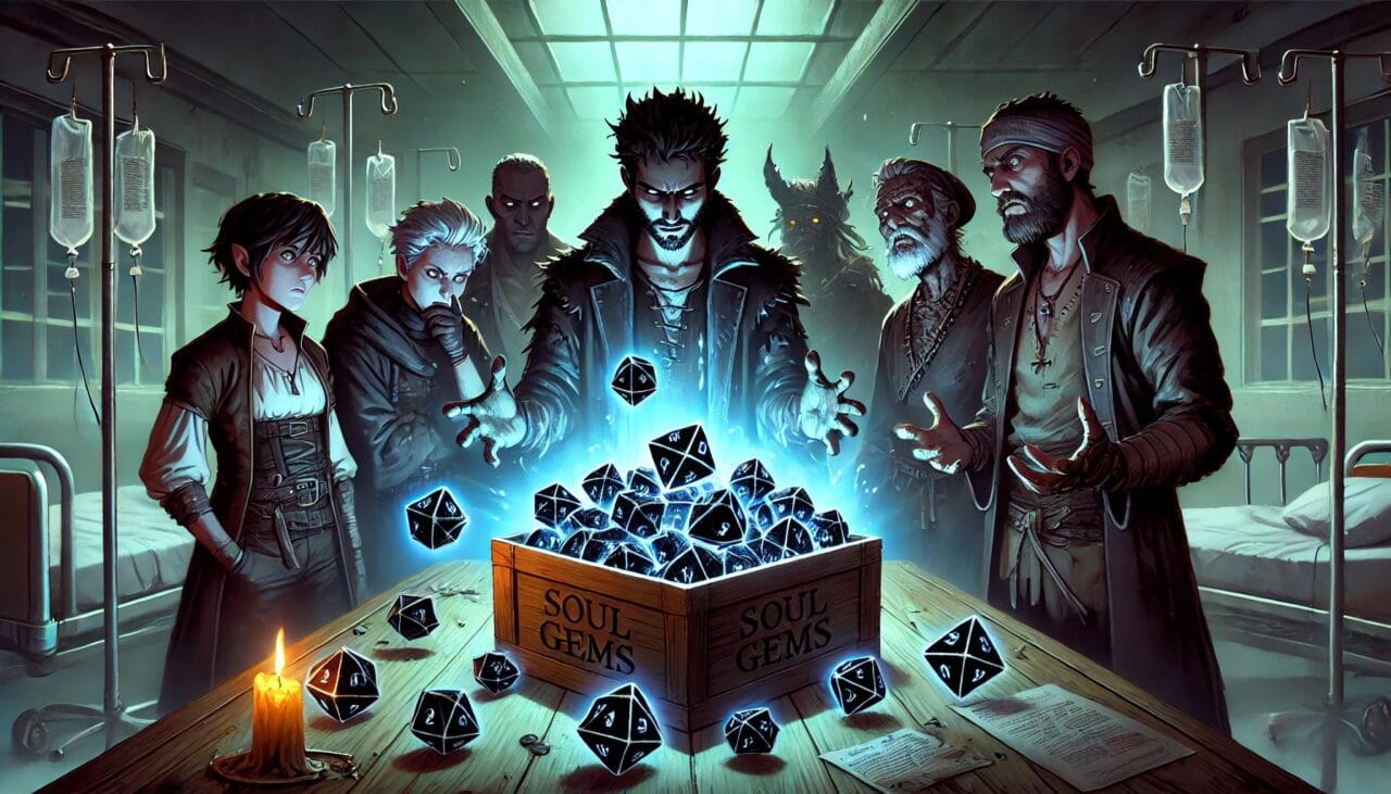 DALL·E 2024 10 16 15.40.01 A tense and mysterious scene where the adventuring party finds a box filled with 11 black glowing crystals known as soul gems. The gems glow with a s