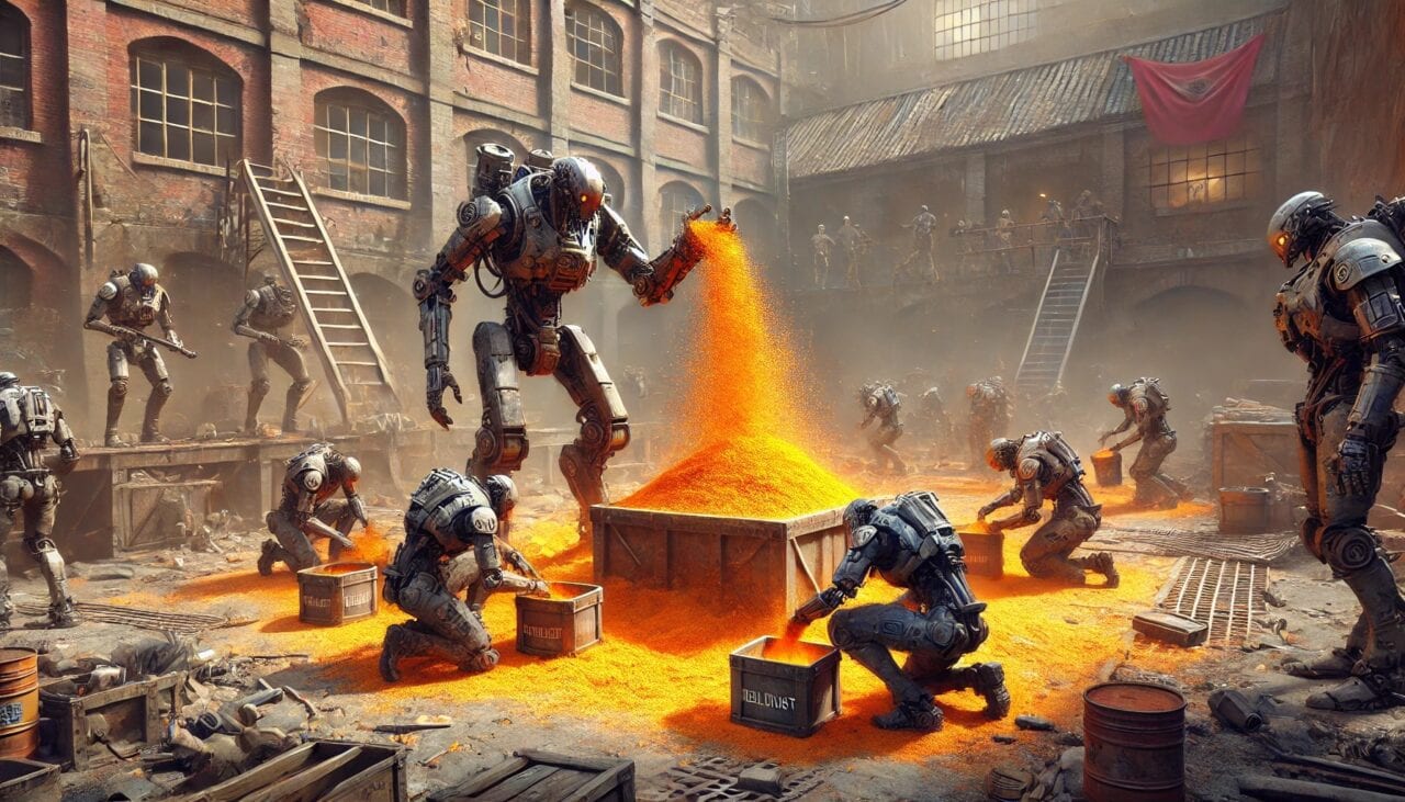 DALL·E 2024 10 16 15.41.59 A scene where several Warforged are diligently cleaning up piles of orange helldust scattered around the aftermath of a battle. The Warforged humanoi