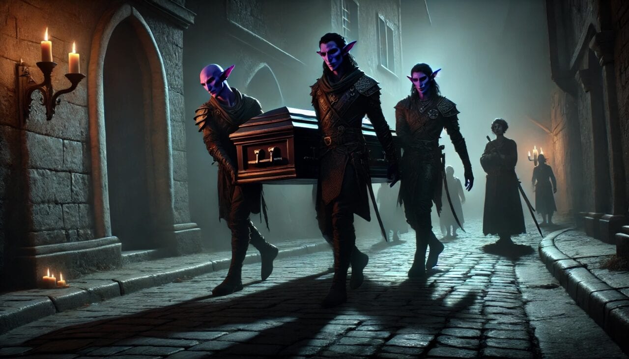 1 DALL·E 2024 11 11 22.03.03 A shadowy scene with three Drow elves with dark purple skin and subdued expressions carrying a large coffin down a dimly lit cobblestone street at n