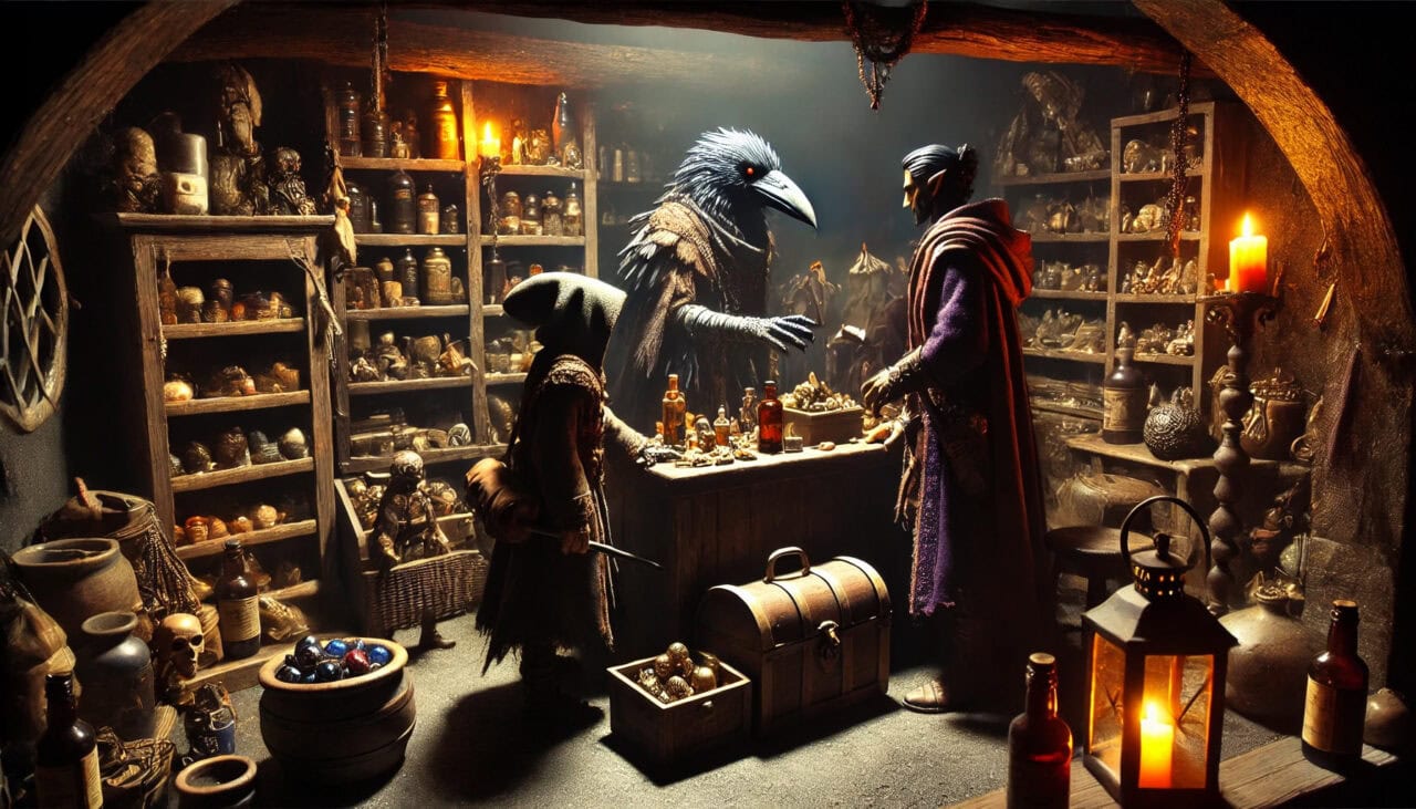 2 DALL·E 2024 11 19 09.45.04 A shadowy and tense scene inside a dark shop filled with stolen goods. A Kenku crow person dressed in a patched cloak stands behind a cluttered coun