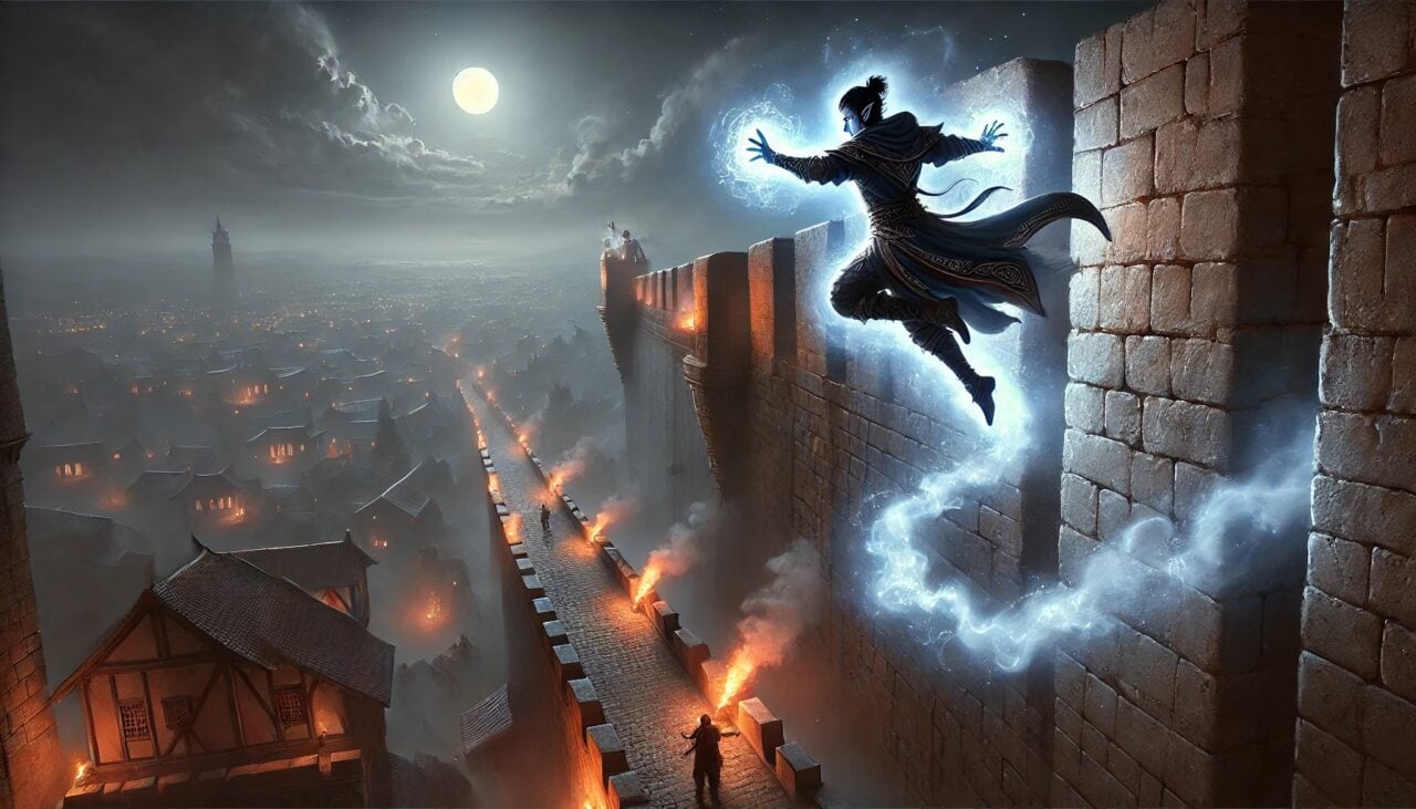 3 DALL·E 2024 11 19 09.58.44 A dramatic scene of Sazed a Drow Elf Cleric magically getting over a towering 50 foot city wall under the cover of night. Sazed is mid action using