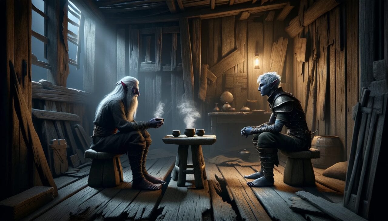 4 DALL·E 2024 11 19 09.57.11 A dynamic and intimate scene featuring two Drow dark skinned elves with silver or white hair sitting on simple stools inside a rundown wooden shack