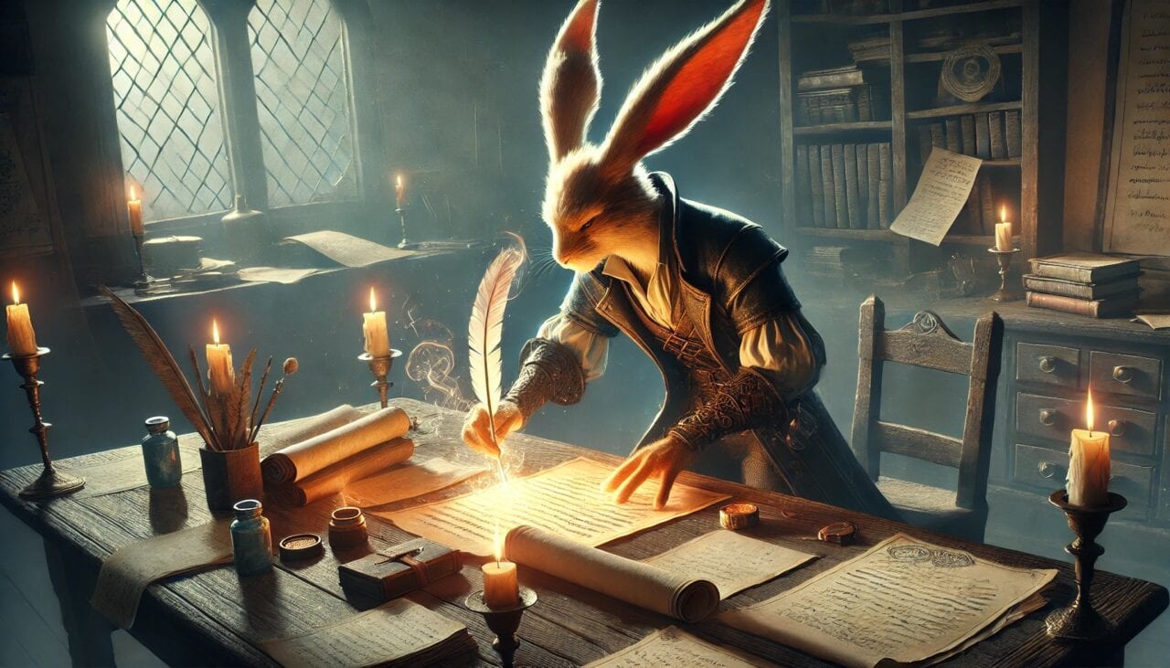 5 DALL·E 2024 11 19 09.58.13 A detailed and dynamic scene of Boris a Harengon Rogue with large bunny ears forging magical papers at a wooden desk in a dimly lit room. The desk i