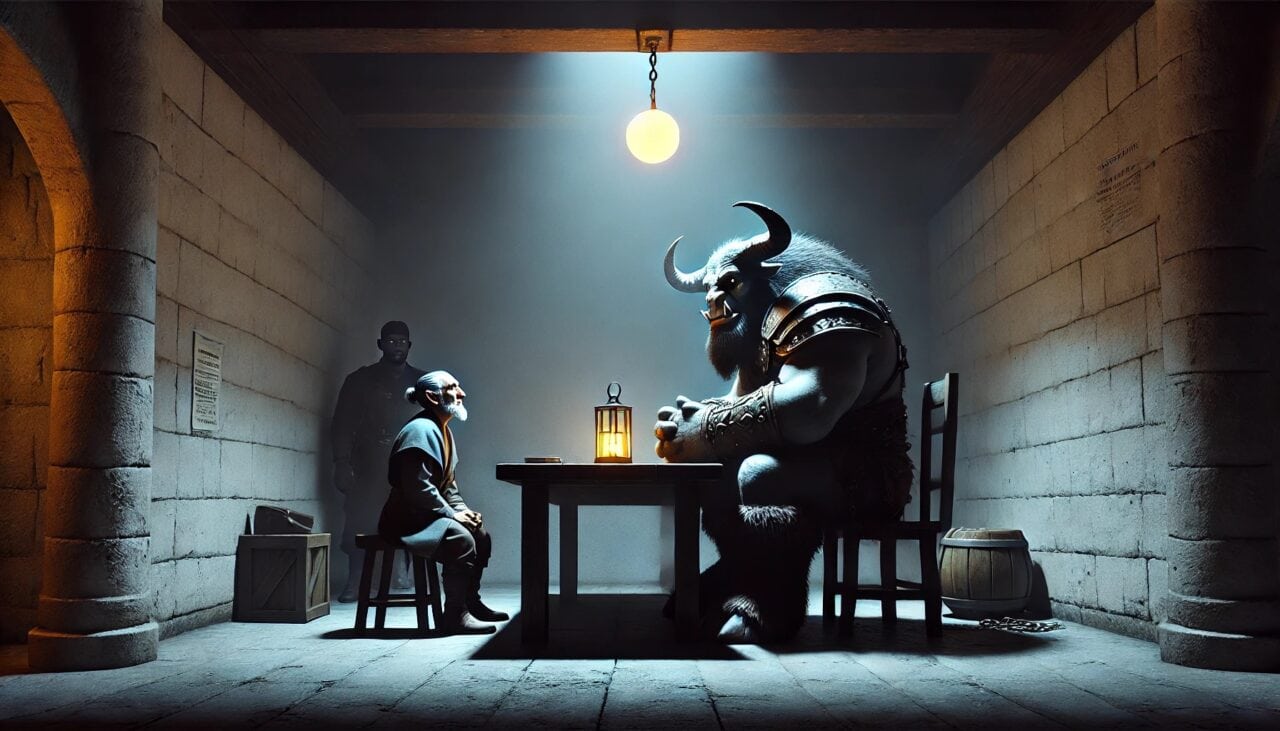 1 DALL·E 2024 12 05 14.25.03 A tense scene inside a small dimly lit interrogation room where Kiet a towering Minotaur Warrior sits across from the High Justice a small gnome w