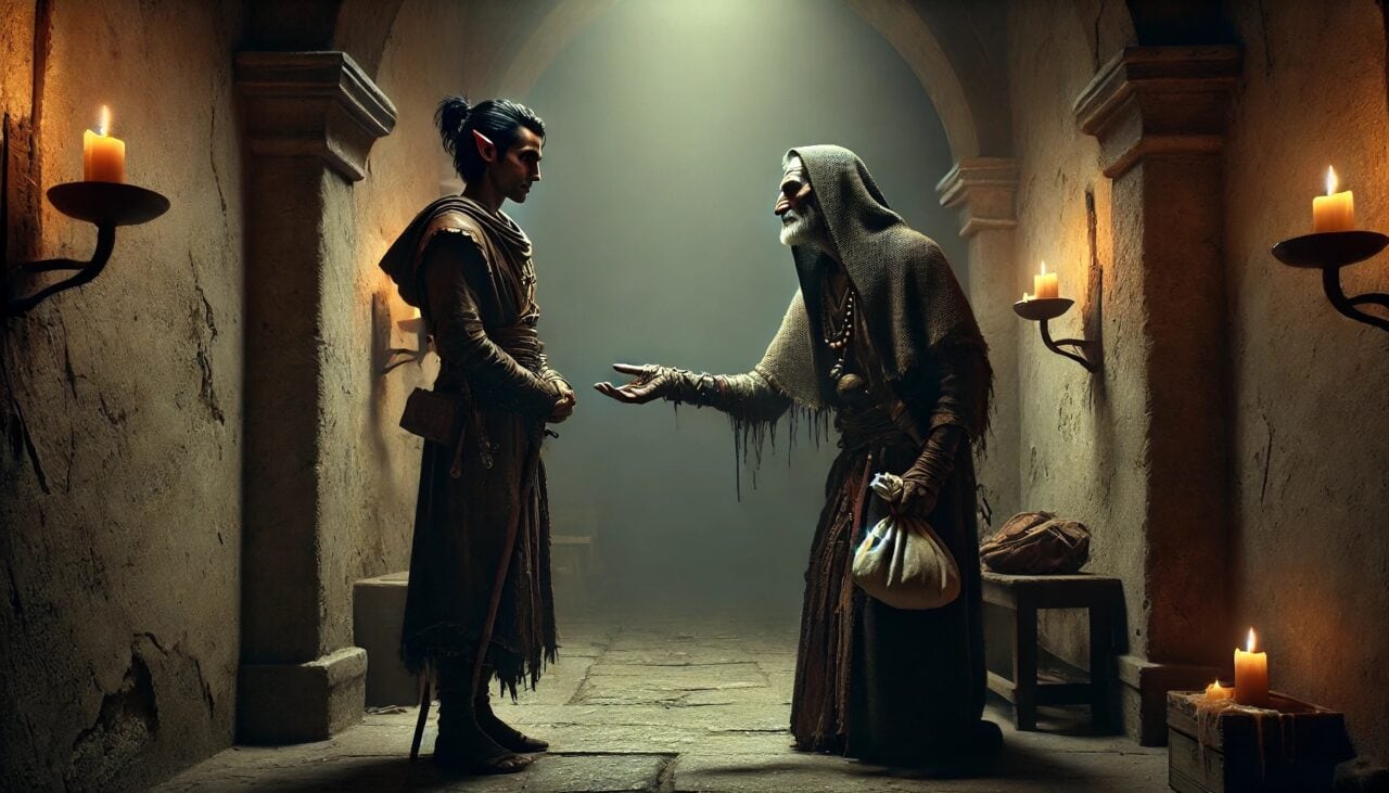 1 DALL·E 2024 12 19 07.08.42 A quiet and awkward scene inside a small weathered church in the slums. Sazed a Drow Elf Cleric with dark skin and sharp features stands across fro