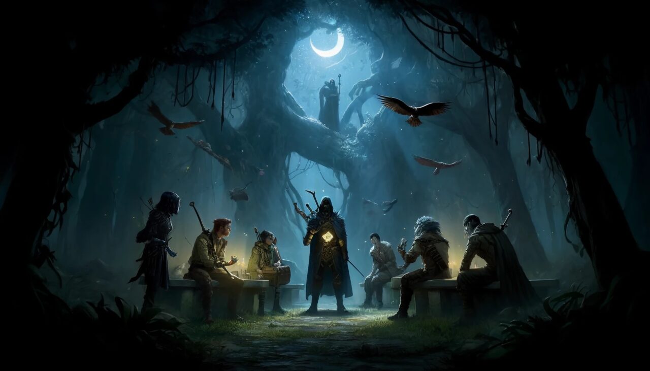 2 DALL·E 2024 12 05 14.06.41 A tense and mysterious midnight meeting in Aktar Park. The adventuring party—Boris a Harengon Rogue Edid a Wood Elf Warlock Haru a Kobold Paladin