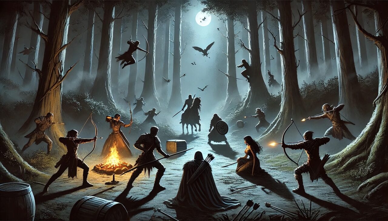 2 DALL·E 2024 12 13 15.57.50 A suspenseful and chaotic nighttime scene in a shadowy forest clearing where the adventuring party—Boris a Harengon Rogue Edid a Wood Elf Warlock