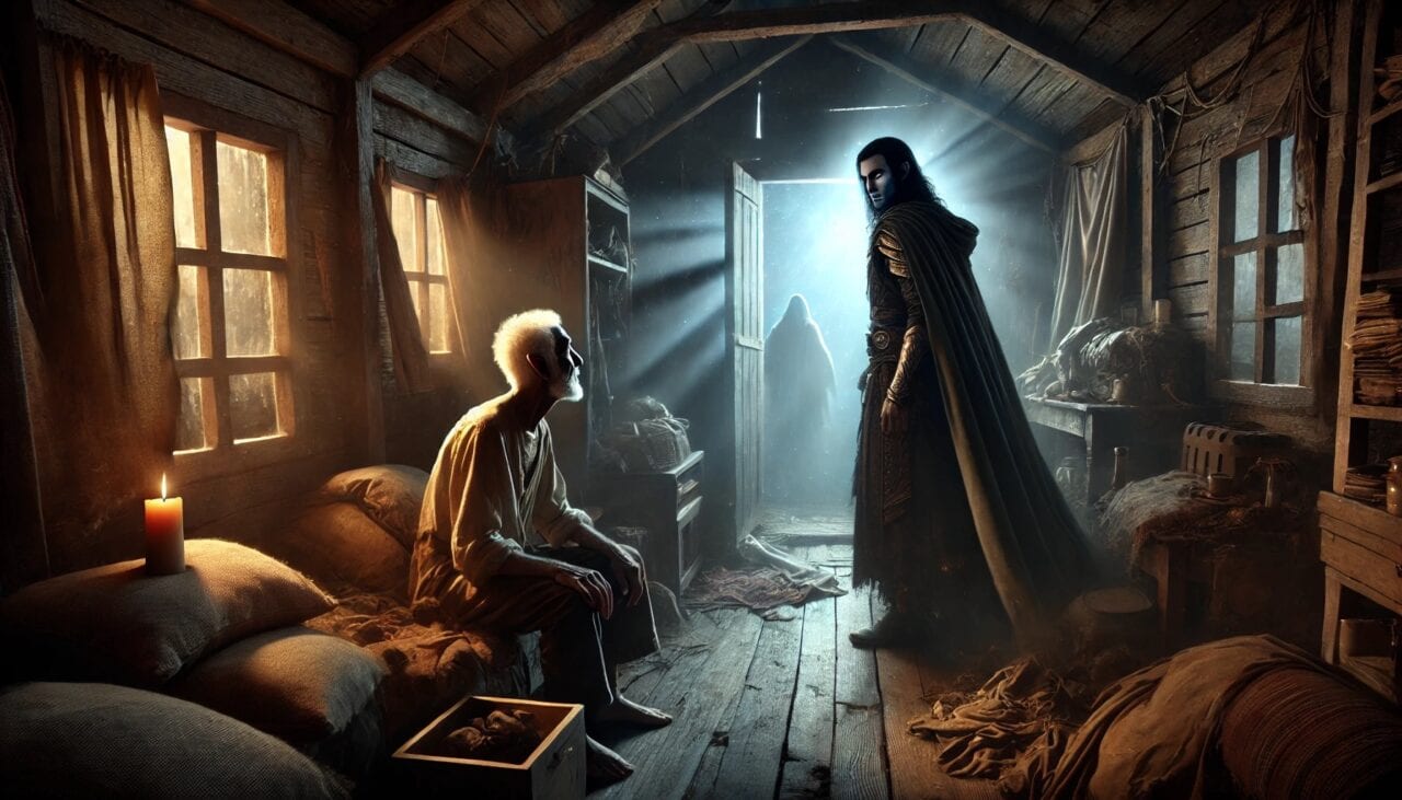 2 DALL·E 2024 12 19 07.08.40 A dramatic scene where Sazed a Drow Elf Cleric with dark skin and solemn features meets with his elderly father inside a cramped dilapidated shack