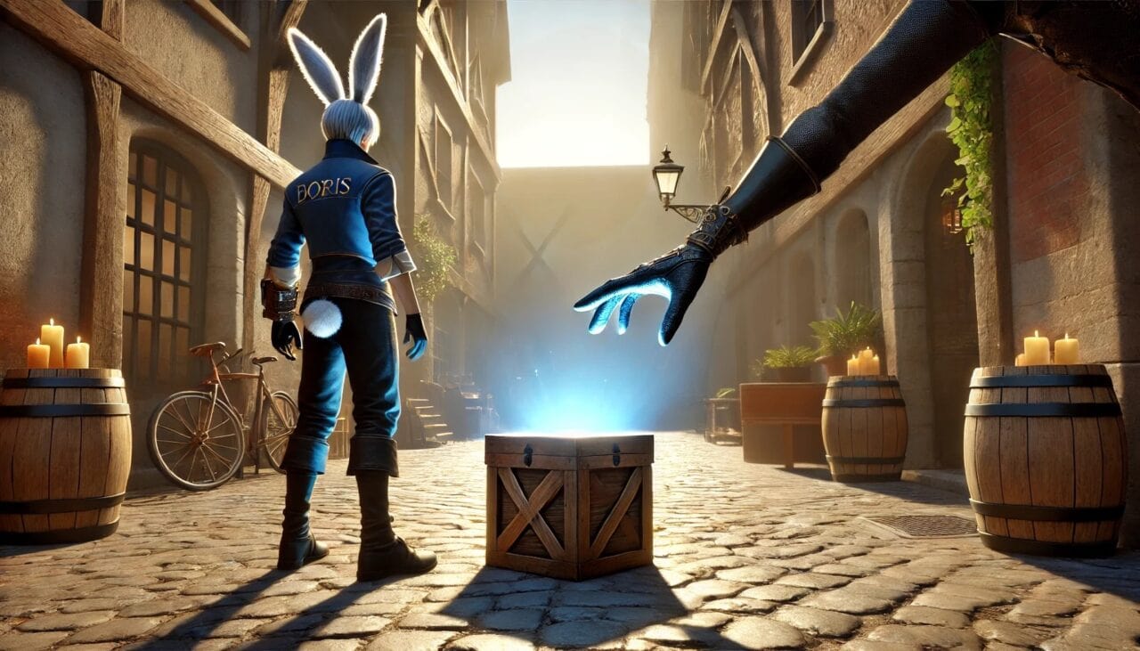 3 DALL·E 2024 12 05 14.41.33 A bright daytime scene in a medieval alley where Boris a Harengon Rogue with large bunny ears stands 30 feet away from a small sealed wooden box co