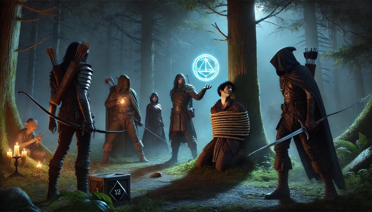 3 DALL·E 2024 12 13 15.13.25 A tense nighttime scene in a dark forest clearing where the adventuring party interrogates a captured assassin tied to a tree. The party includes Bori