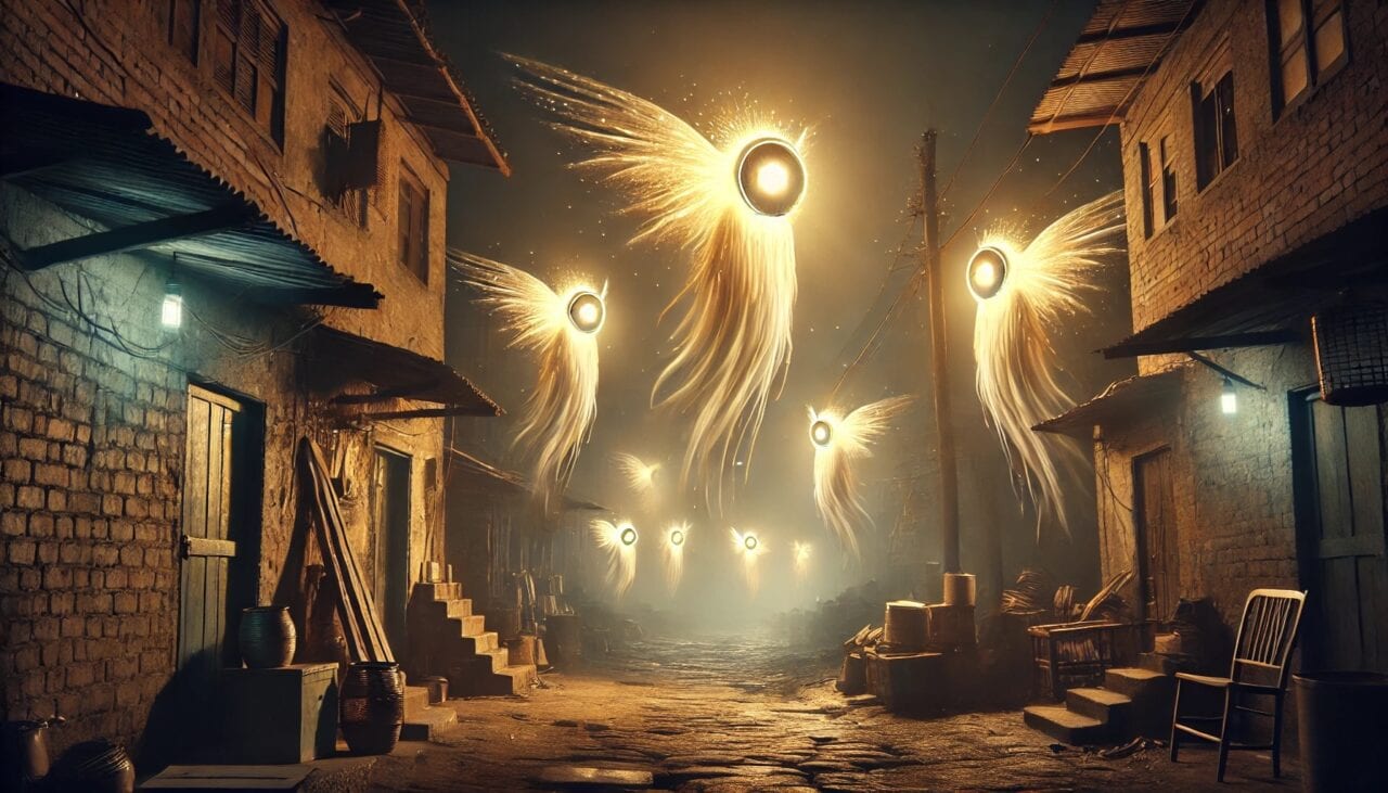 3 DALL·E 2024 12 19 07.08.36 A surreal and ominous scene set in the slums at night where glowing floating angels shaped like ethereal lanterns with watchful eyes search through