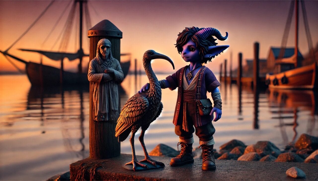 4 DALL·E 2024 12 05 14.43.50 A serene scene near the docks at dusk featuring Haru a small short Kobold Paladin with dragon like features standing beside a weathered statue. Har