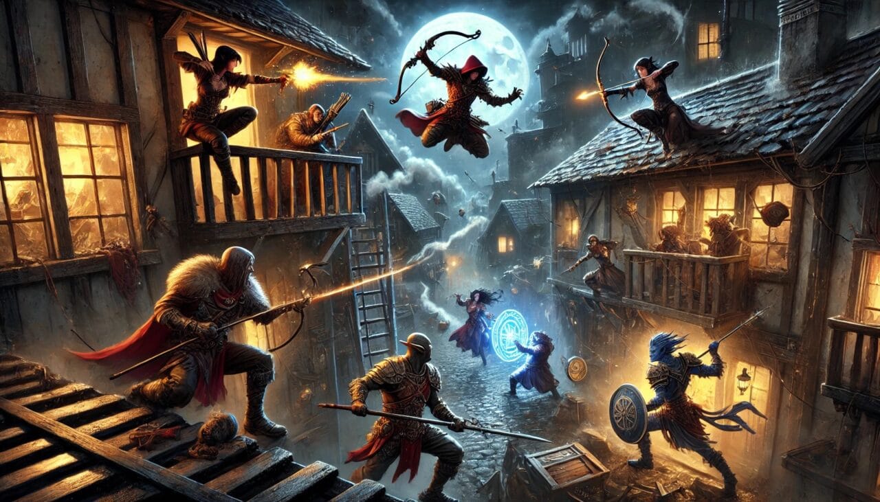 4 DALL·E 2024 12 19 07.12.32 An intense rooftop battle in the slums at night where the adventuring party—Boris a Harengon Rogue Edid a Wood Elf Warlock Haru a Kobold Paladin