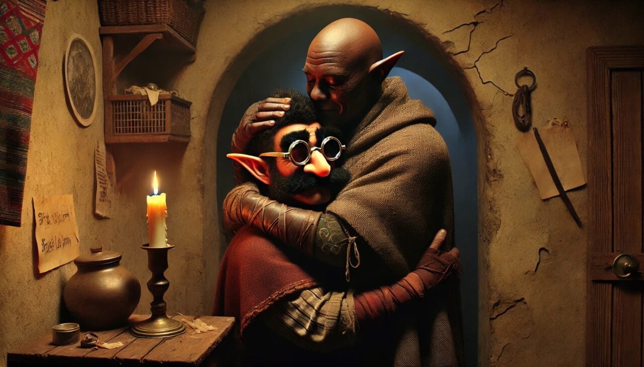 1 DALL·E 2025 01 19 07.56.37 A heartfelt yet whimsical scene inside a dimly lit slum dwelling where Sazed a Drow Elf Cleric with dark skin and solemn features embraces his fathe