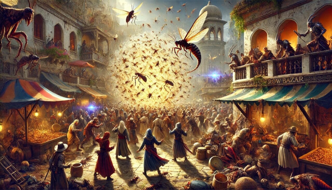 1 DALL·E 2025 01 26 10.08.34 A chaotic and intense scene in the Ruse Bazaar during the Drow Rights March where an insect plague spell creates a swirling 20 foot radius sphere of