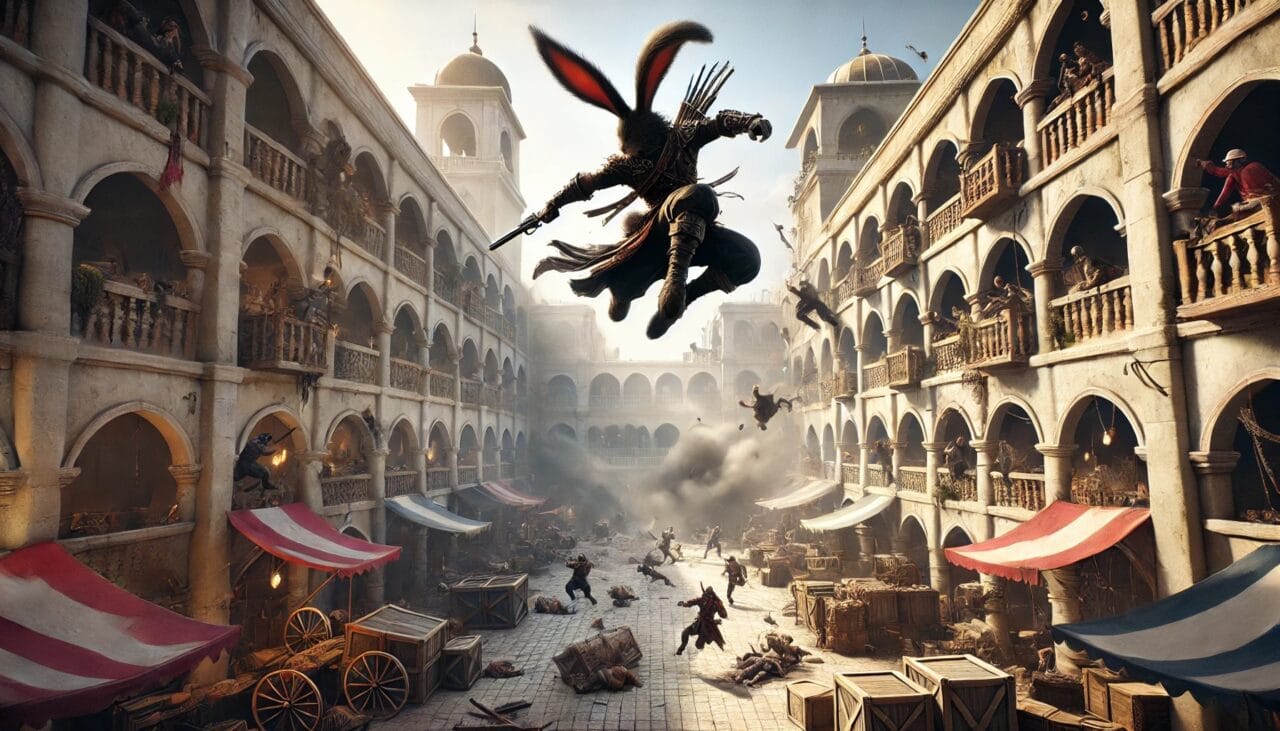 2 DALL·E 2025 01 26 10.49.33 A dramatic and action packed scene in the Ruse Bazaar during the Drow Rights March showing Boris a Harengon Rogue with large bunny ears leaping acr