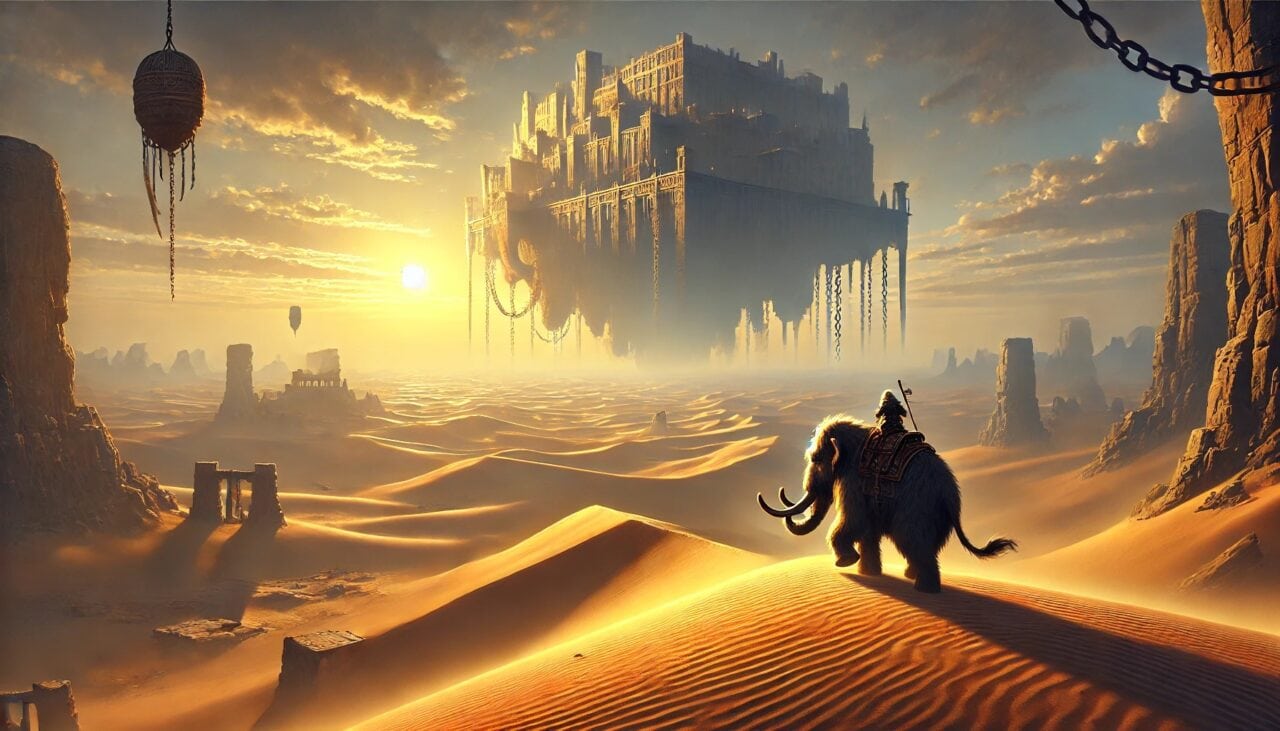 2 DALL·E 2025 01 30 15.11.30 A vast desert landscape at dawn where Haru a small Kobold Paladin rides atop his loyal baby mammoth across the endless dunes. High above in the sky