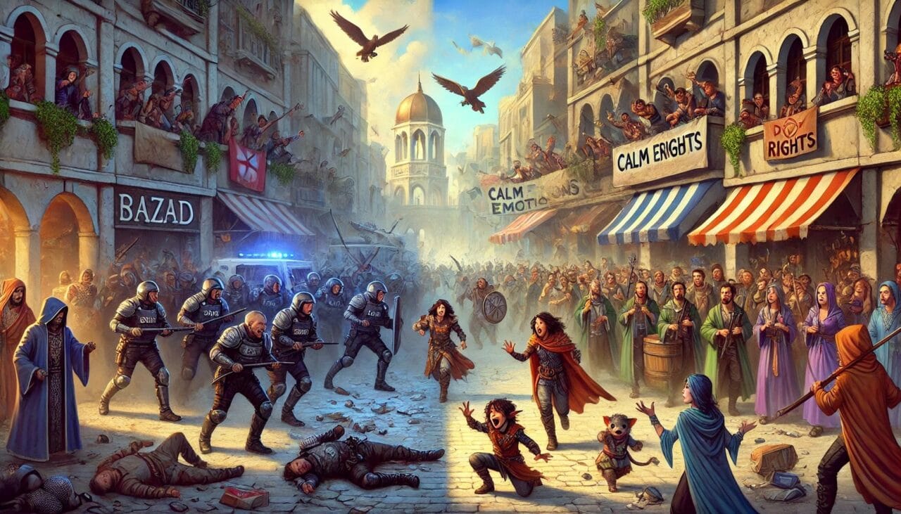 3 DALL·E 2025 01 26 10.50.49 A split scene composition showing the Drow Rights March in the Ruse Bazaar. The front section of the march shows panicked civilians scattering in chao